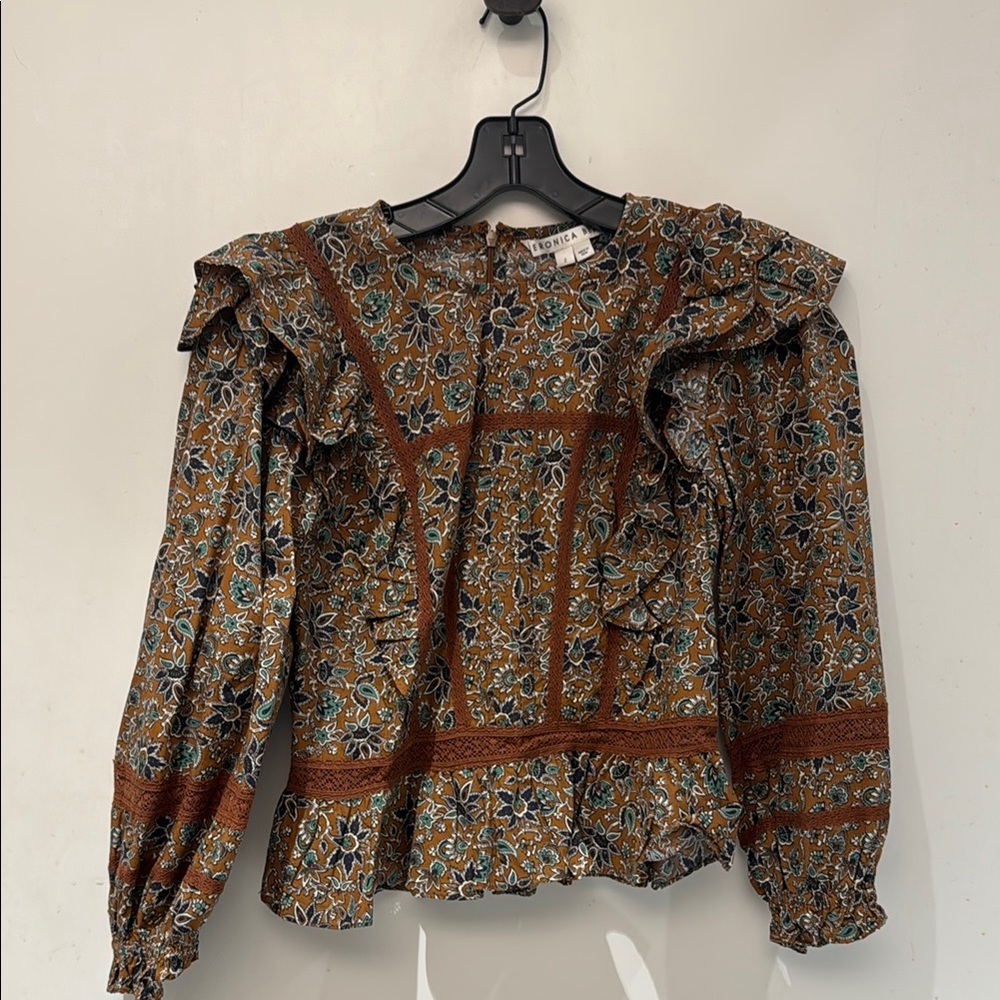 Veronica Beard Fitted Ruffled Blouse in Blue and Brown